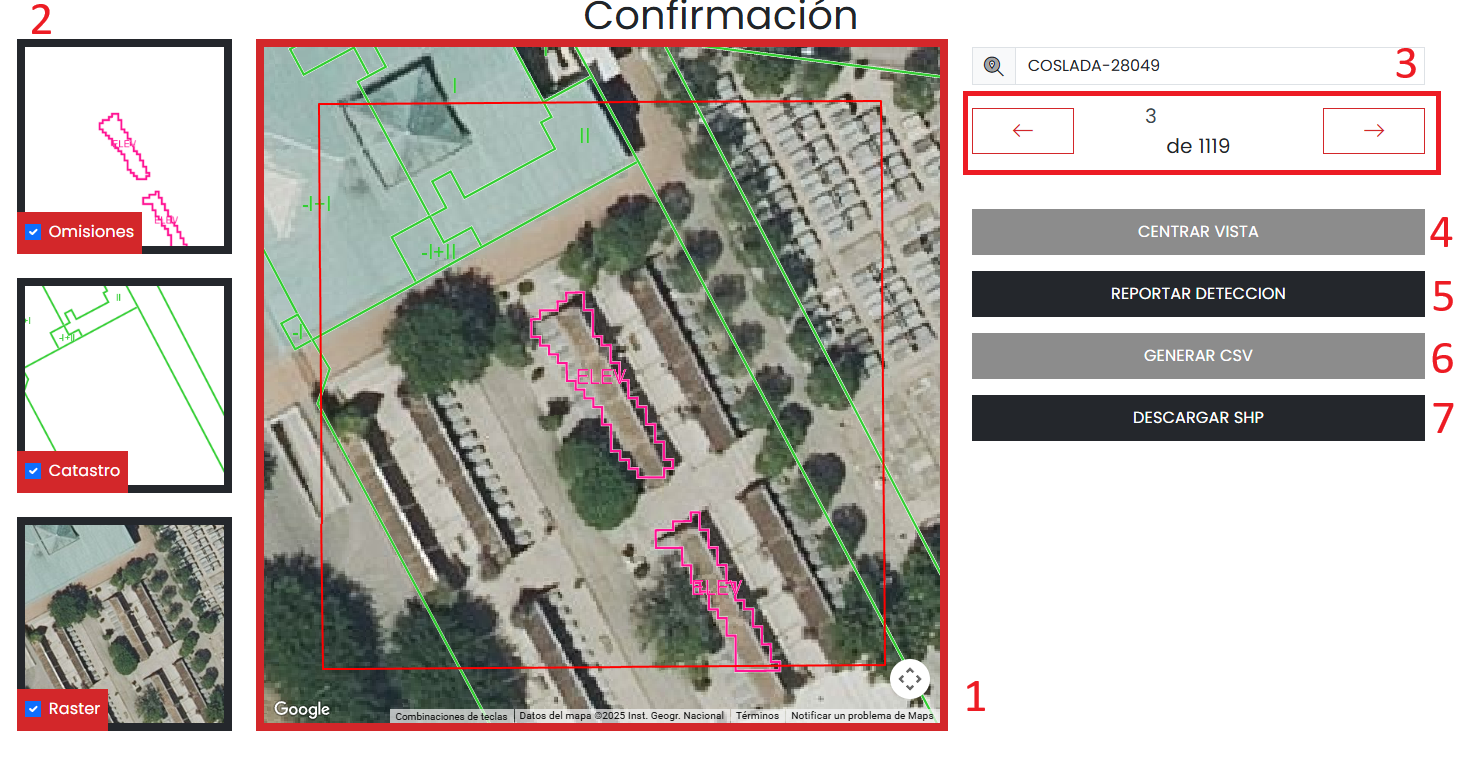 Pantalla de confirmación de la aplicación ScoobyIA con la comparación de vectores catastrales sobre imagen aérea